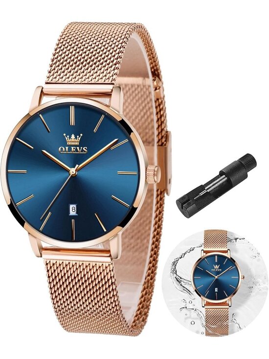 Women\'s Rose Gold Blue Mesh Stainless Steel Slim Thin Waterproof Luxury Watch main image 4